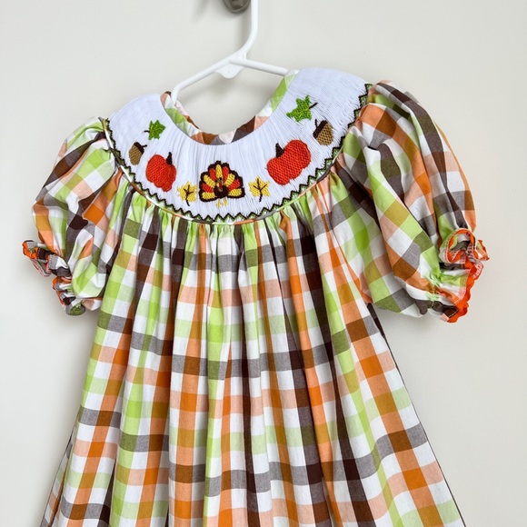 Fall Thanksgiving Pumpkin Turkey Checkered 3T Smocked Dress - Picture 5 of 10